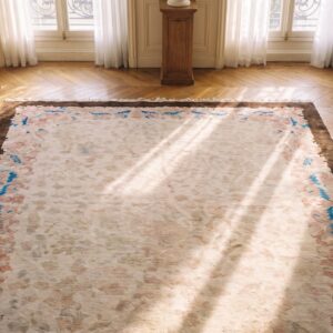 Ivory Beige Cream White 1920s Wool Rectangle Antique Hand Knotted Pile Allover Floral Rug (SKU 25530) - styled overhead view