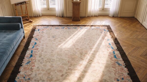 Ivory beige cream white 1920s wool rectangle antique hand knotted pile allover floral rug 2 Ivory beige cream white 1920s wool rectangle antique hand knotted pile allover floral rug (sku 25530) - styled overhead view