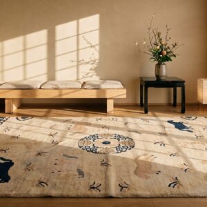 Ivory Beige Cream White 1930s Hand Knotted Pile Geometric Medallion Rectangle Wool Antique Rug (SKU 21907) - room view