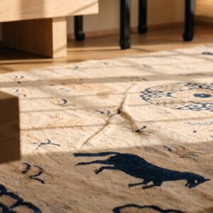 Ivory Beige Cream White 1930s Hand Knotted Pile Geometric Medallion Rectangle Wool Antique Rug (SKU 21907) - in-room detail