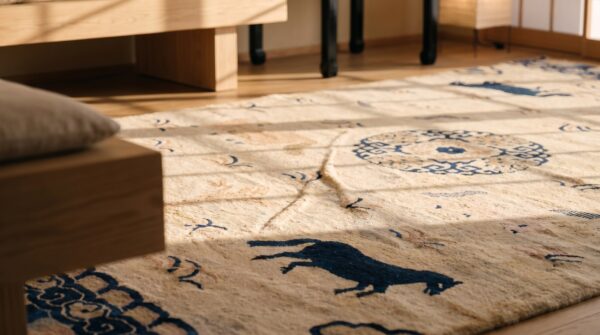 Ivory beige cream white 1930s hand knotted pile geometric medallion rectangle wool antique rug 11 Ivory beige cream white 1930s hand knotted pile geometric medallion rectangle wool antique rug (sku 21907) - in-room detail
