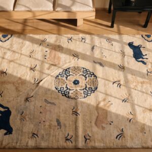 Ivory Beige Cream White 1930s Hand Knotted Pile Geometric Medallion Rectangle Wool Antique Rug (SKU 21907) - styled overhead view