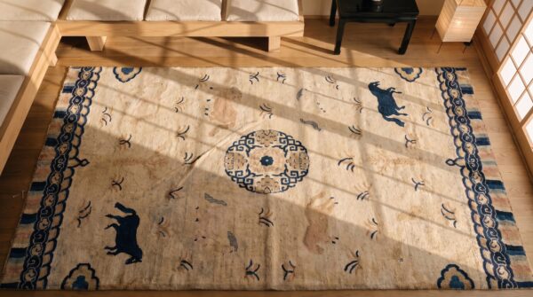 Ivory beige cream white 1930s hand knotted pile geometric medallion rectangle wool antique rug 2 Ivory beige cream white 1930s hand knotted pile geometric medallion rectangle wool antique rug (sku 21907) - styled overhead view