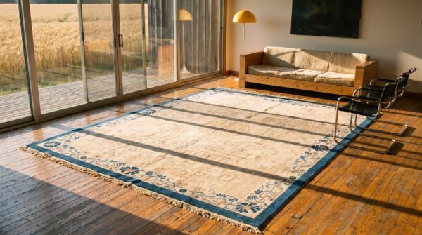 Ivory beige cream white antique wool 1930s hand knotted pile rectangle rug 9 Ivory beige cream white antique wool 1930s hand knotted pile rectangle rug (sku 22891) - room view