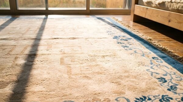Ivory beige cream white antique wool 1930s hand knotted pile rectangle rug 10 Ivory beige cream white antique wool 1930s hand knotted pile rectangle rug (sku 22891) - in-room detail