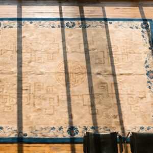 Ivory Beige Cream White Antique Wool 1930s Hand Knotted Pile Rectangle Rug (SKU 22891) - styled overhead view