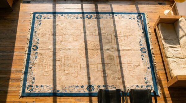 Ivory beige cream white antique wool 1930s hand knotted pile rectangle rug 2 Ivory beige cream white antique wool 1930s hand knotted pile rectangle rug (sku 22891) - styled overhead view