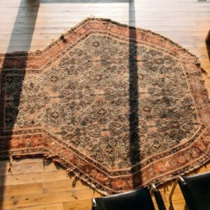 Ivory Beige Cream White Allover Floral Square 1880s Hand Knotted Pile Wool Antique Rug (SKU 22032) - styled overhead view