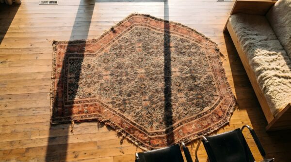 Ivory beige cream white allover floral square 1880s hand knotted pile wool antique rug (sku 22032) - styled overhead view