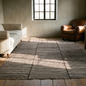 Antique Wool Ivory Beige Cream White Flat Weave Rug (SKU 19401) - styled overhead view