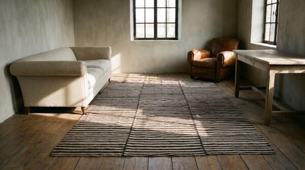 Antique wool ivory beige cream white flat weave rug 2 Antique wool ivory beige cream white flat weave rug (sku 19401) - styled overhead view