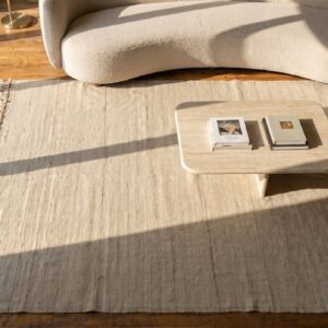 Hand Knotted Pile Ivory Beige Cream White Flat Woven Kilim Wool Antique 1940s Allover Geometric Rug (SKU 19550) - styled overhead view