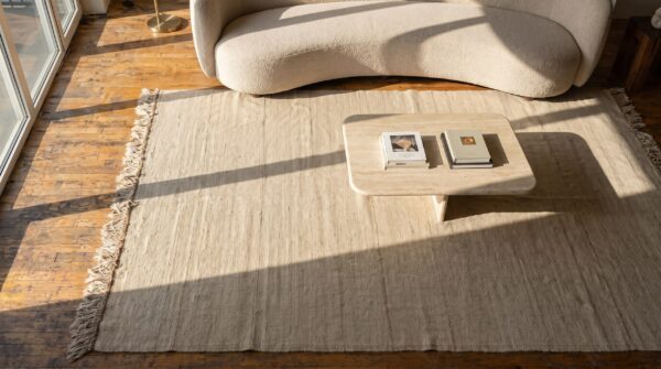 Hand knotted pile ivory beige cream white flat woven kilim wool antique 1940s allover geometric rug 2 Hand knotted pile ivory beige cream white flat woven kilim wool antique 1940s allover geometric rug (sku 19550) - styled overhead view