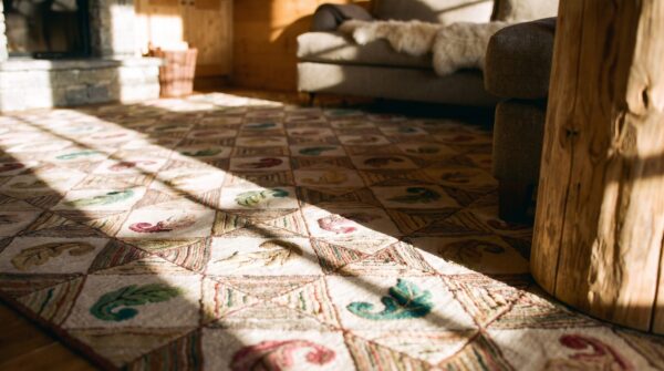 Antique wool ivory beige cream white hooked - loop pile rug 9 Antique wool ivory beige cream white hooked - loop pile rug (sku 25740) - in-room detail