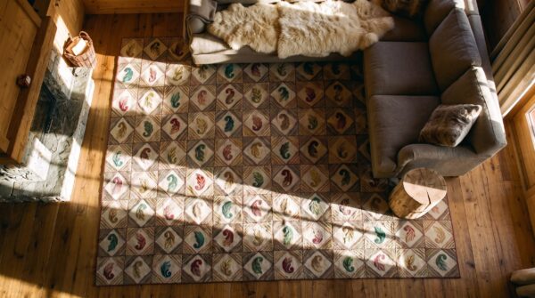 Antique wool ivory beige cream white hooked - loop pile rug 2 Antique wool ivory beige cream white hooked - loop pile rug (sku 25740) - styled overhead view