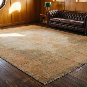 Wool Hand Knotted Pile Ivory Beige Cream White Large Floral Medallion Square Antique 1890s Rug (SKU 22372) - room view