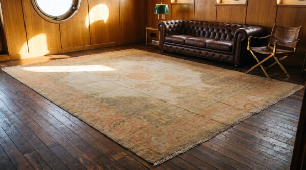 Wool hand knotted pile ivory beige cream white large floral medallion square antique 1890s rug 8 Wool hand knotted pile ivory beige cream white large floral medallion square antique 1890s rug (sku 22372) - room view