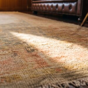 Wool Hand Knotted Pile Ivory Beige Cream White Large Floral Medallion Square Antique 1890s Rug (SKU 22372) - in-room detail