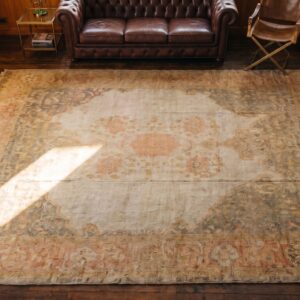 Wool Hand Knotted Pile Ivory Beige Cream White Large Floral Medallion Square Antique 1890s Rug (SKU 22372) - styled overhead view