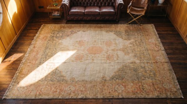 Wool hand knotted pile ivory beige cream white large floral medallion square antique 1890s rug 2 Wool hand knotted pile ivory beige cream white large floral medallion square antique 1890s rug (sku 22372) - styled overhead view