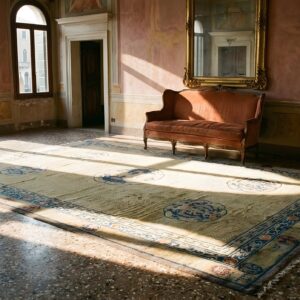 Ivory Beige Cream White Large Antique Rectangle Geometric Medallion Wool 1920s Hand Knotted Pile Rug (SKU 25751) - room view