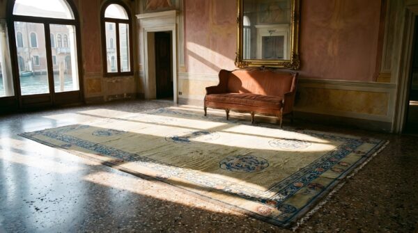 Ivory beige cream white large antique rectangle geometric medallion wool 1920s hand knotted pile rug 8 Ivory beige cream white large antique rectangle geometric medallion wool 1920s hand knotted pile rug (sku 25751) - room view