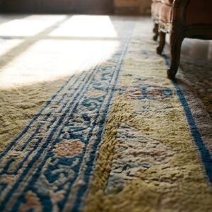 Ivory Beige Cream White Large Antique Rectangle Geometric Medallion Wool 1920s Hand Knotted Pile Rug (SKU 25751) - in-room detail
