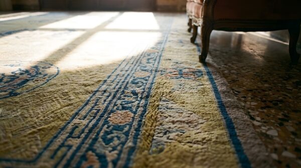 Ivory beige cream white large antique rectangle geometric medallion wool 1920s hand knotted pile rug 9 Ivory beige cream white large antique rectangle geometric medallion wool 1920s hand knotted pile rug (sku 25751) - in-room detail