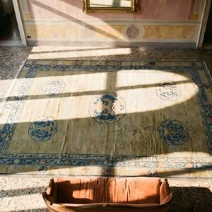 Ivory Beige Cream White Large Antique Rectangle Geometric Medallion Wool 1920s Hand Knotted Pile Rug (SKU 25751) - styled overhead view