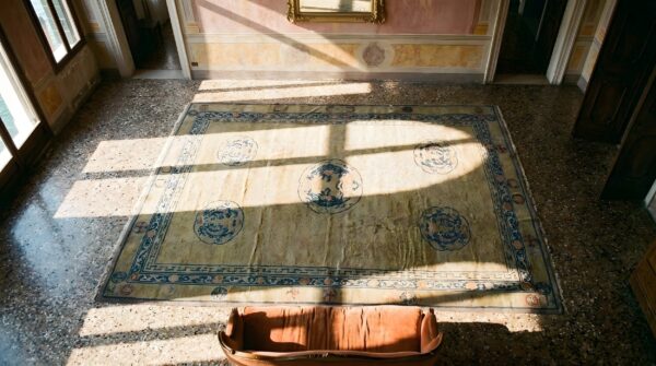 Ivory beige cream white large antique rectangle geometric medallion wool 1920s hand knotted pile rug 2 Ivory beige cream white large antique rectangle geometric medallion wool 1920s hand knotted pile rug (sku 25751) - styled overhead view