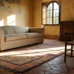 Ivory Beige Cream White , Purple Ivory Beige Cream White and Purple Hand Knotted Wool Pile Antique Chinese Baotou Allover Three Squares Scatter Rug (SKU 23242) - room view