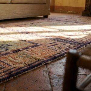 Ivory Beige Cream White , Purple Ivory Beige Cream White and Purple Hand Knotted Wool Pile Antique Chinese Baotou Allover Three Squares Scatter Rug (SKU 23242) - in-room detail
