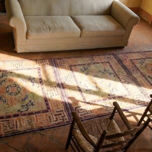 Ivory Beige Cream White , Purple Ivory Beige Cream White and Purple Hand Knotted Wool Pile Antique Chinese Baotou Allover Three Squares Scatter Rug (SKU 23242) - styled overhead view