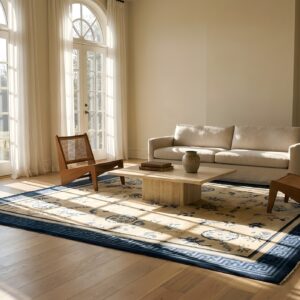 Antique Ivory Beige Cream White Rectangle Hand Knotted Pile 1900s Wool Allover Floral Rug (SKU 25695) - room view