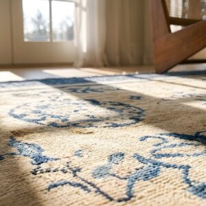 Antique Ivory Beige Cream White Rectangle Hand Knotted Pile 1900s Wool Allover Floral Rug (SKU 25695) - in-room detail