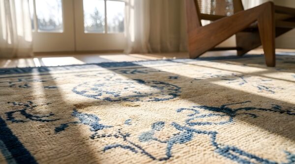 Antique ivory beige cream white rectangle hand knotted pile 1900s wool allover floral rug 10 Antique ivory beige cream white rectangle hand knotted pile 1900s wool allover floral rug (sku 25695) - in-room detail