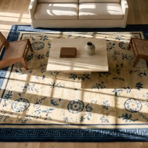 Antique Ivory Beige Cream White Rectangle Hand Knotted Pile 1900s Wool Allover Floral Rug (SKU 25695) - styled overhead view