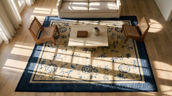 Antique ivory beige cream white rectangle hand knotted pile 1900s wool allover floral rug 2 Antique ivory beige cream white rectangle hand knotted pile 1900s wool allover floral rug (sku 25695) - styled overhead view