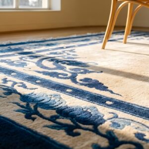 Hand Knotted Pile Ivory Beige Cream White Antique Wool Rectangle 1920s Rug (SKU 23783) - in-room detail