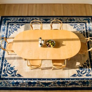 Hand Knotted Pile Ivory Beige Cream White Antique Wool Rectangle 1920s Rug (SKU 23783) - styled overhead view