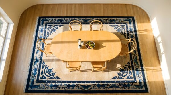 Hand knotted pile ivory beige cream white antique wool rectangle 1920s rug 2 Hand knotted pile ivory beige cream white antique wool rectangle 1920s rug (sku 23783) - styled overhead view