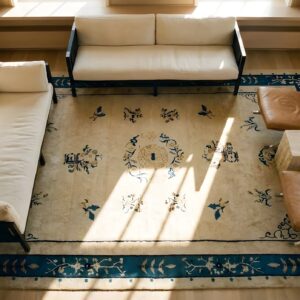 Hand Knotted Pile Antique Wool Ivory Beige Cream White Rectangle 1920s Rug (SKU 23879) - styled overhead view