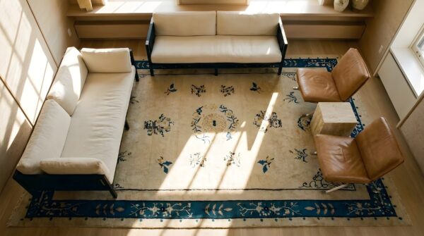 Hand knotted pile antique wool ivory beige cream white rectangle 1920s rug 2 Hand knotted pile antique wool ivory beige cream white rectangle 1920s rug (sku 23879) - styled overhead view