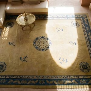 Ivory Beige Cream White Hand Knotted Pile Antique Rectangle 1920s Wool Rug (SKU 24944) - styled overhead view