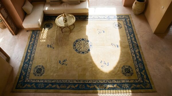 Ivory beige cream white hand knotted pile antique rectangle 1920s wool rug 2 Ivory beige cream white hand knotted pile antique rectangle 1920s wool rug (sku 24944) - styled overhead view