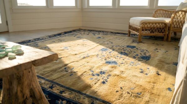 Wool hand knotted pile ivory beige cream white antique rectangle 1920s rug 11 Wool hand knotted pile ivory beige cream white antique rectangle 1920s rug (sku 25038) - in-room detail
