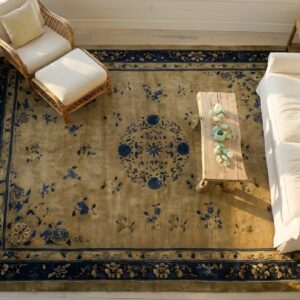 Wool Hand Knotted Pile Ivory Beige Cream White Antique Rectangle 1920s Rug (SKU 25038) - styled overhead view