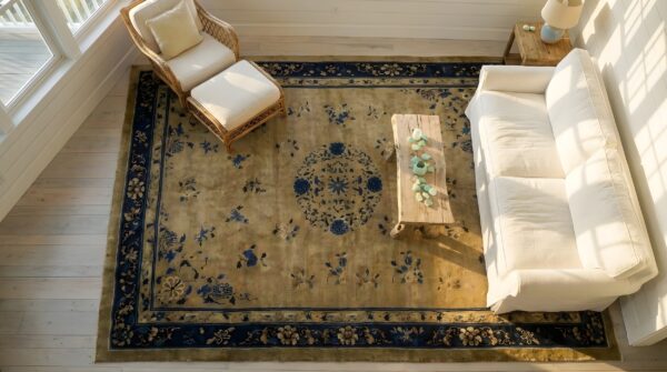 Wool hand knotted pile ivory beige cream white antique rectangle 1920s rug 2 Wool hand knotted pile ivory beige cream white antique rectangle 1920s rug (sku 25038) - styled overhead view
