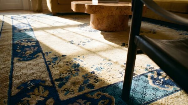 Hand knotted pile ivory beige cream white rectangle 1920s wool antique rug 12 Hand knotted pile ivory beige cream white rectangle 1920s wool antique rug (sku 25206) - in-room detail