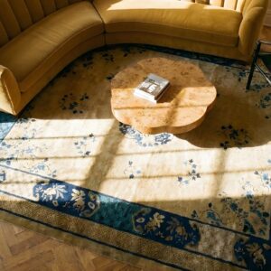 Hand Knotted Pile Ivory Beige Cream White Rectangle 1920s Wool Antique Rug (SKU 25206) - styled overhead view